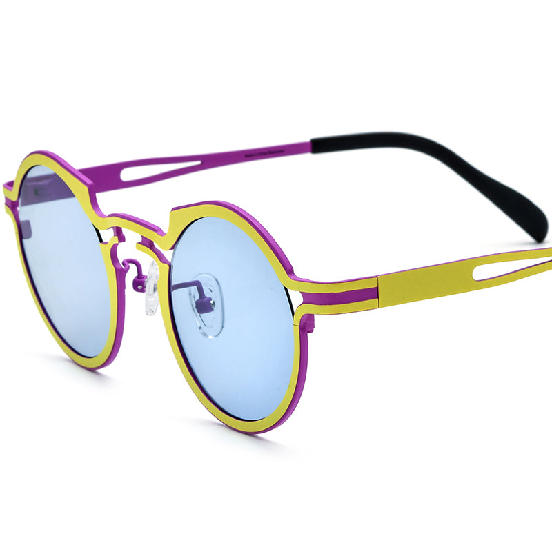 Colourful Titanium Round Polarised Sunglasses Retro - Yellow Purple - MCROONS