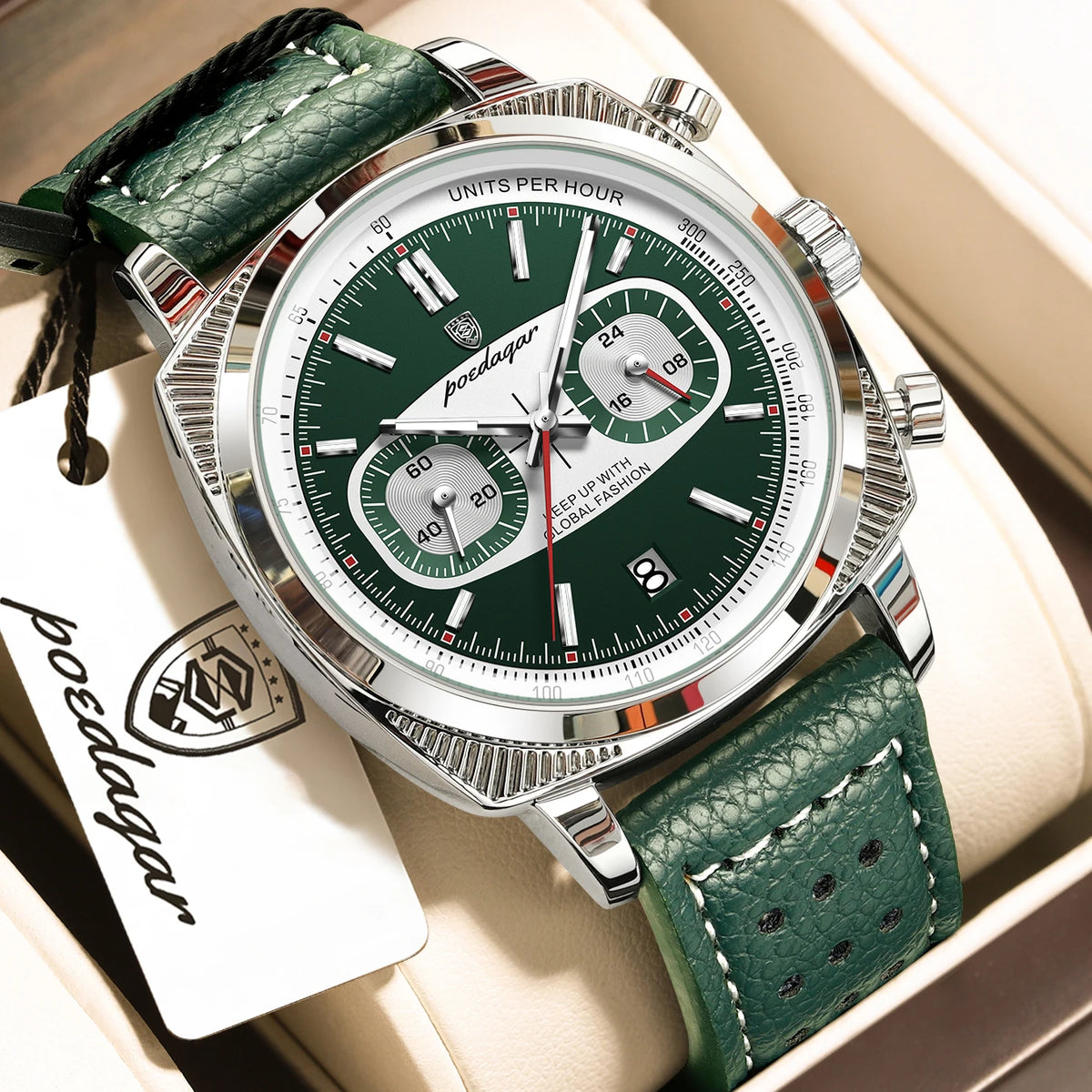 Poedagar 838 Men's Luxury Chronograph Quartz Watch – Leather Strap, Waterproof, Luminous, Date