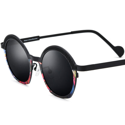 Retro Oval Titanium Polarized Sunglasses UV400 - Black Colorful Gray Lens - MCROONS