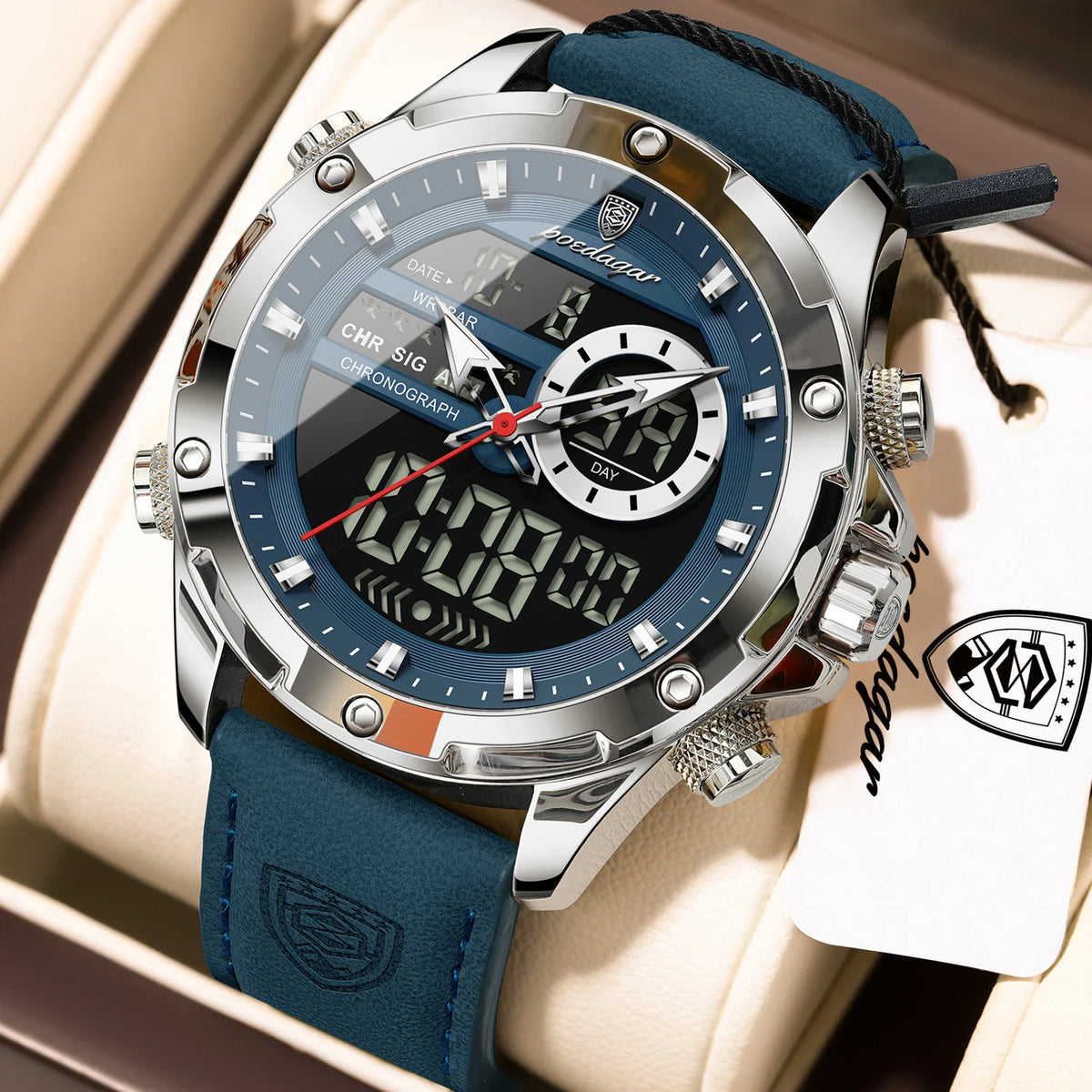 Poedagar E129 Men's Luxury Chronograph Quartz Watch – Leather Strap, Waterproof, Luminous, Date