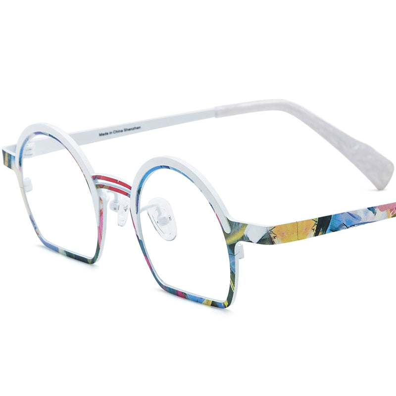 Multicolour Print Titanium Round Optical Glasses Frame - White - MCROONS