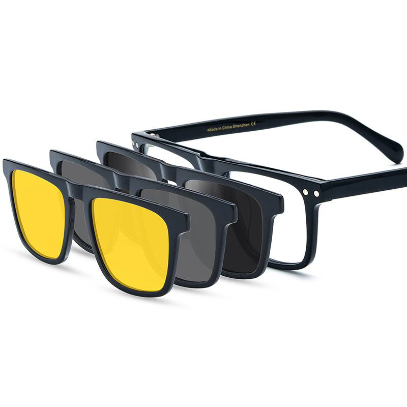 Square Acetate Optical Glasses Frame with Magnetic Clip-On Lenses - Black - MCROONS