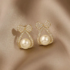 Fashion Full Diamonds Bow Knot Pearl Stud Earrings for Women Jewelry Wholesale