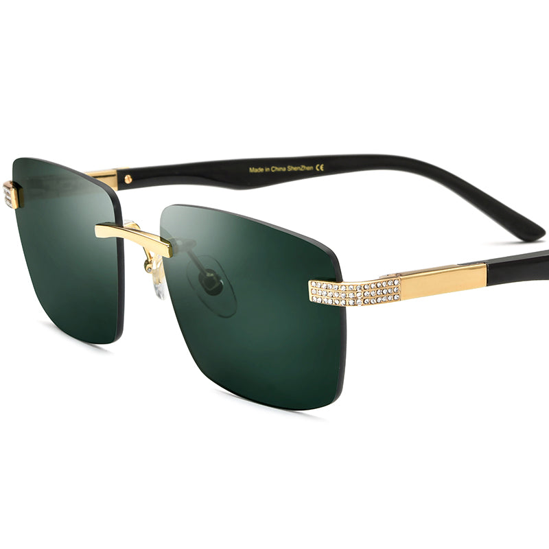 Diamante Buffalo Horn Rimless Square Sunglasses - MCROONS - Dark Green