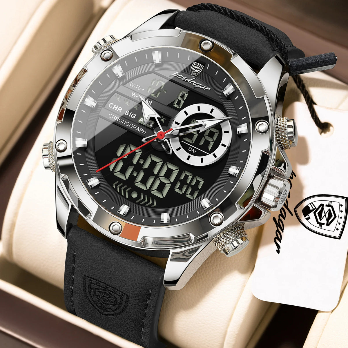 Poedagar E129 Men's Luxury Chronograph Quartz Watch – Leather Strap, Waterproof, Luminous, Date