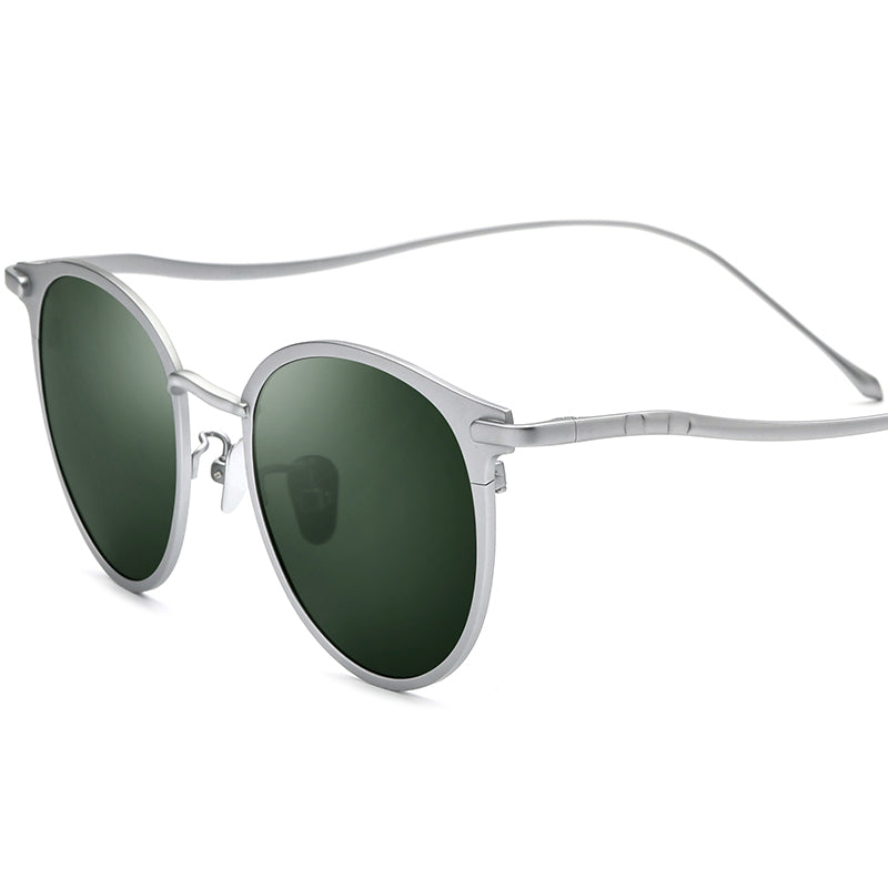 Titanium Round Polarized Sunglasses Vintage - Silver Dark Green - MCROONS