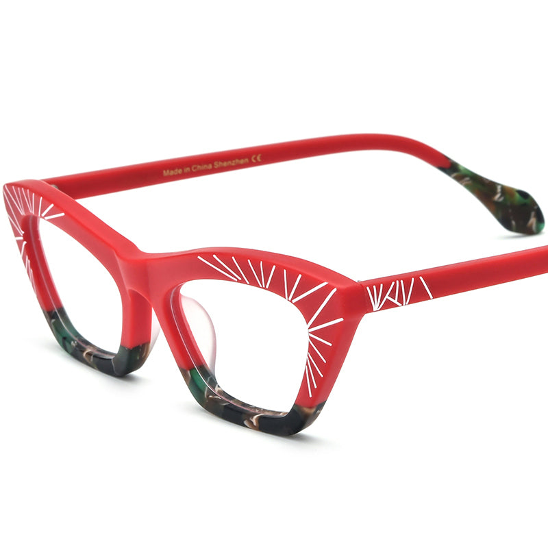 Retro Sunburst Acetate Cat Eye Optical Glasses Frame - Red - MCROONS