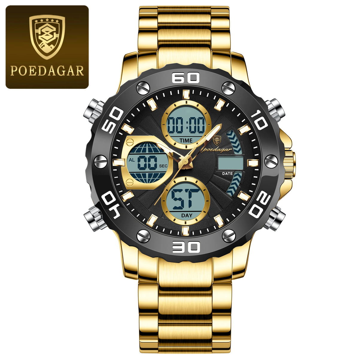 Poedagar E102 Men's Luxury Chronograph Quartz Watch – Stainless Steel Band, Waterproof, Luminous, Date