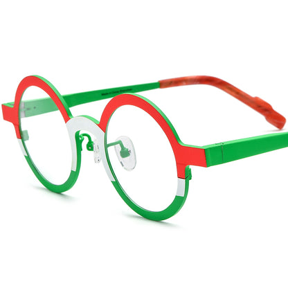 Colour-Block Titanium Round Optical Glasses Frame - Red Green - MCROONS