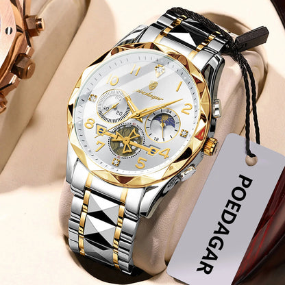Poedagar 972 Men's Luxury Chronograph Quartz Watch – Stainless Steel Band, Waterproof, Luminous, Date