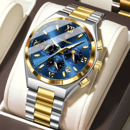 Poedagar 688 Men's Luxury Chronograph Quartz Watch – Stainless Steel Band, Waterproof, Luminous, Date