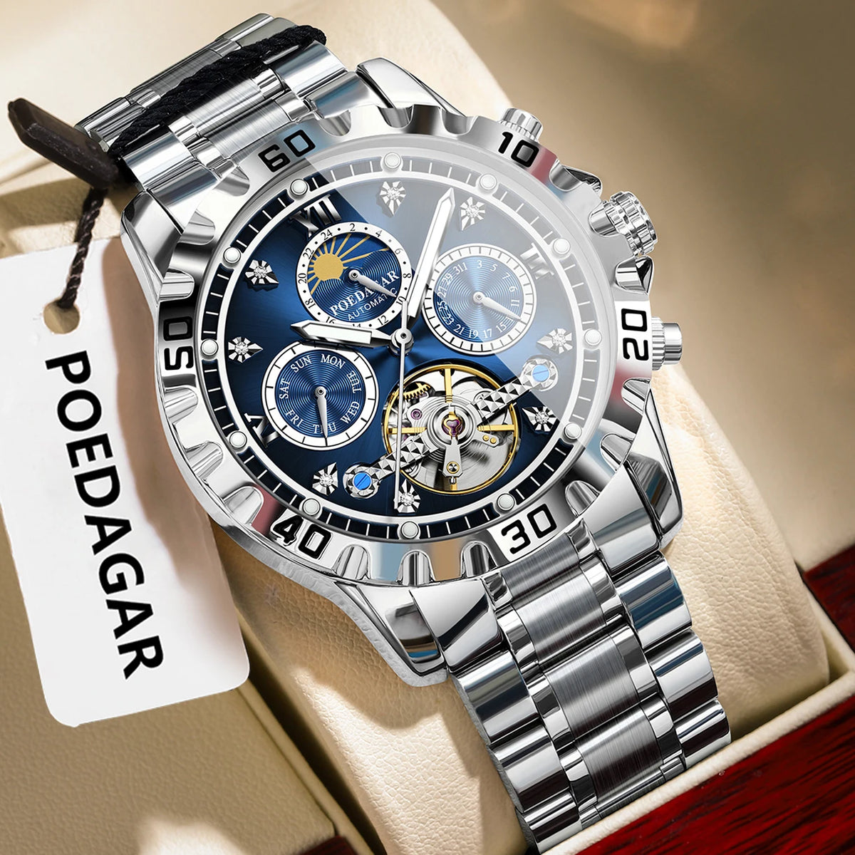 Poedagar 1423 Men's Luxury Automatic Mechanical Watch – Stainless Steel Band, Waterproof, Luminous, Date