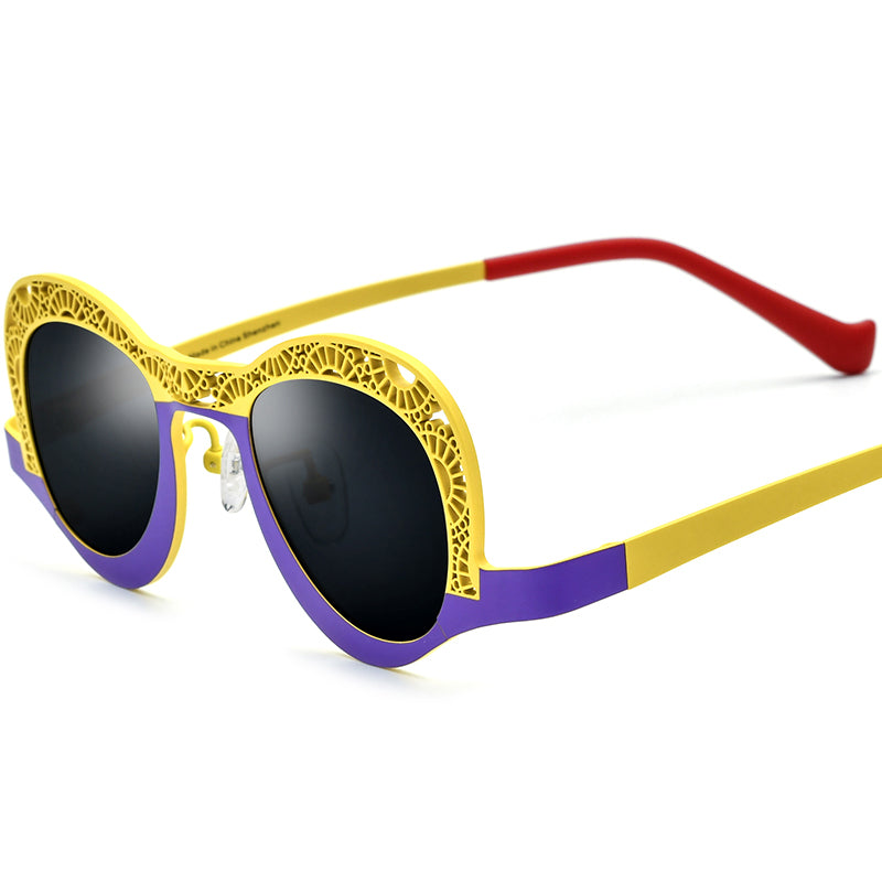 Colourful Titanium Small Cat Eye Polarised Sunglasses - Purple Yellow Grey Lens - MCROONS