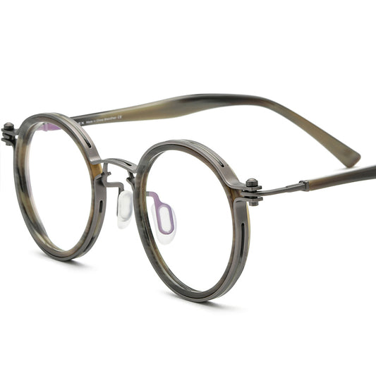 Vintage Two-Tone Round Acetate Metal Optical Glasses Frame - Grey - MCROONS