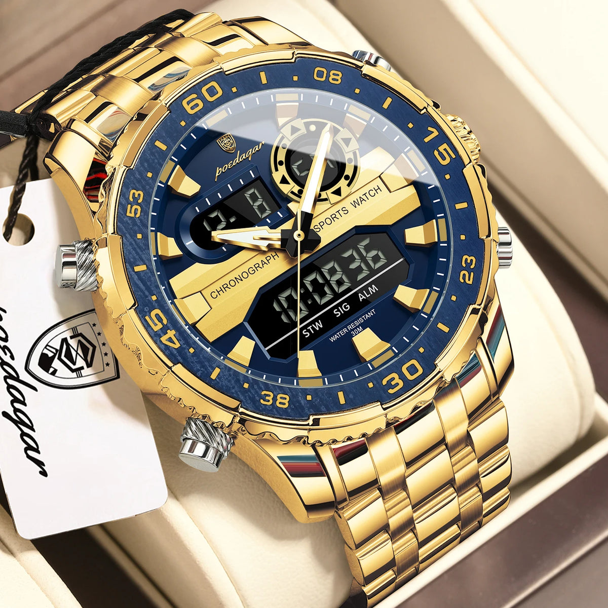 Poedagar E122 Men's Luxury Chronograph Quartz Watch – Stainless Steel Band, Waterproof, Luminous, Date