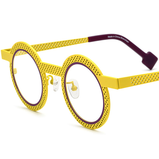 Matte Titanium Hollow-Out Round Optical Glasses Frame - Matte Yellow - MCROONS