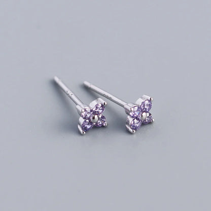 KR Simple Diamond S925 Silver INS Four Leaf Flower Earrings Sweet and Small Colorful Flower Earrings