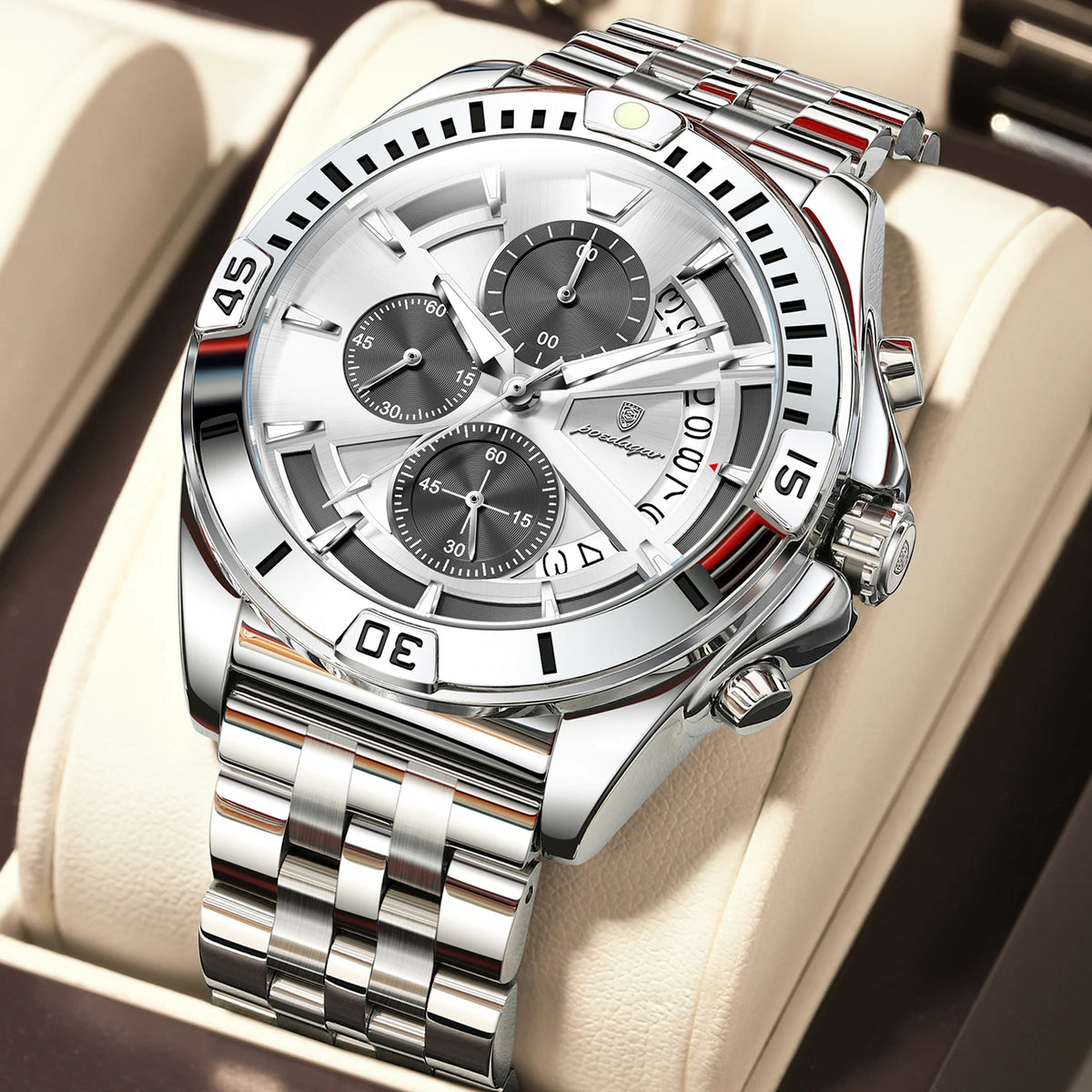 Poedagar 695 Men's Luxury Chronograph Quartz Watch – Stainless Steel Band, Waterproof, Luminous, Date