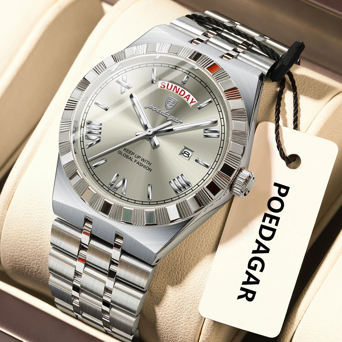 Poedagar 675 Men's Luxury Quartz Watch – Stainless Steel Band, Waterproof, Luminous, Date