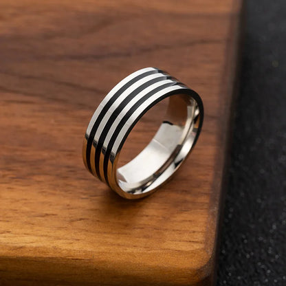 Stainless Steel 8Mm Wide Black Enamel Lines Men'S Ring Simple Fashion Gold Plated Color Ring Customized Man Jewelry Rings