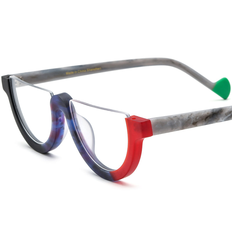 Retro Half-Round Acetate Semi-Rimless Optical Glasses Frame - Black Red - MCROONS