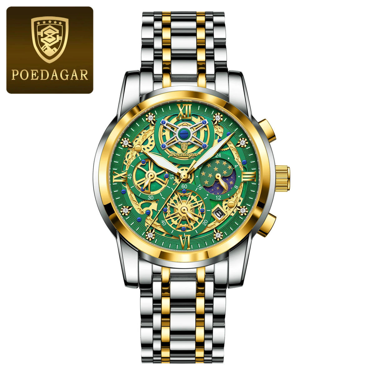 Poedagar 984 Men's Luxury Chronograph Quartz Watch – Stainless Steel Band, Waterproof, Luminous, Date