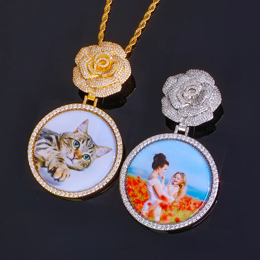 NOUYA Hip Hop Iced Out Zircon Necklace Women Micro Inlaid Zircon Circle Memory Custom Picture Flower Shaped Buckle Pendants