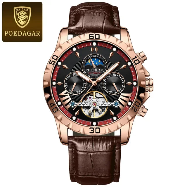 Poedagar 1410 Men's Luxury Automatic Mechanical Watch – Leather Strap, Waterproof, Luminous, Date