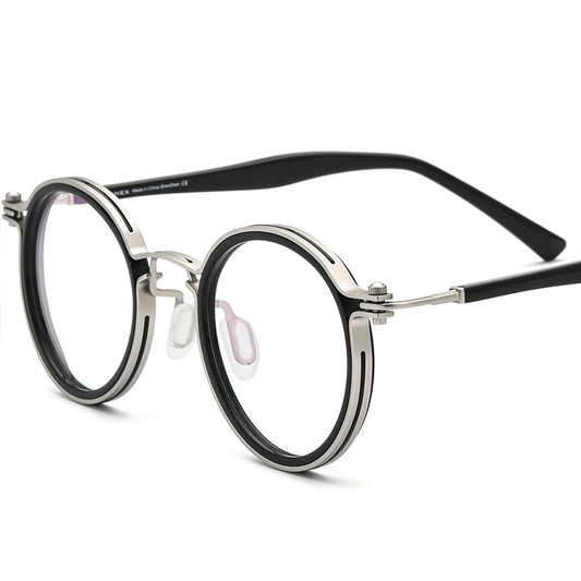 Vintage Two-Tone Round Acetate Metal Optical Glasses Frame - Silver Black - MCROONS