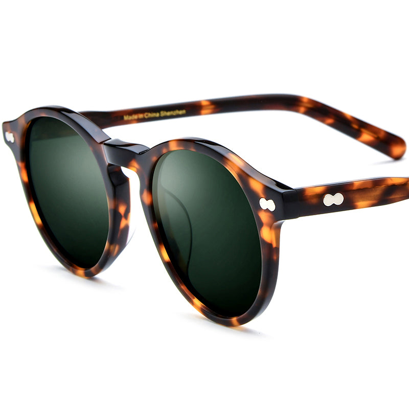 Retro Round Acetate Polarized Mirrored Sunglasses UV400 - Leopard Dark Green Lens - MCROONS