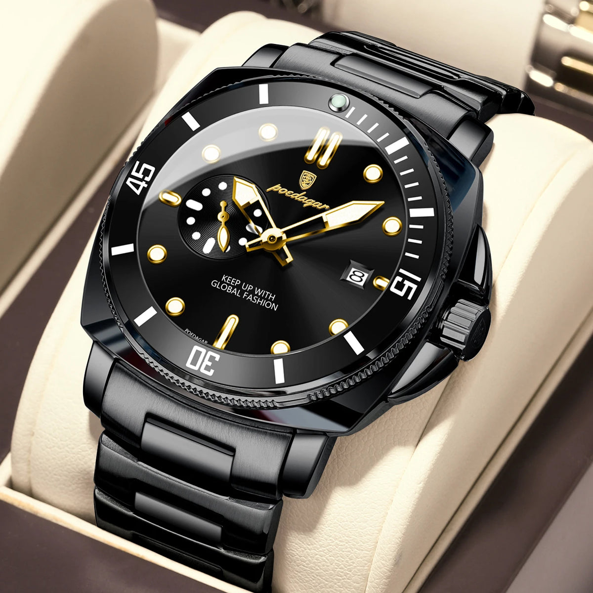 Poedagar 873 Men's Luxury Quartz Watch – Stainless Steel Band, Waterproof, Luminous, Date