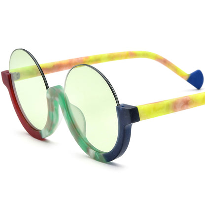 Retro Round Semi-Rimless Acetate Sunglasses - Red Blue Green Lens - MCROONS