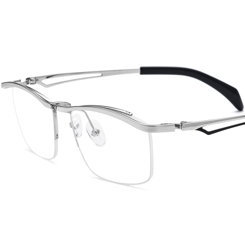 Designer Titanium Semi-Rimless Square Glasses - Silver - MCROONS