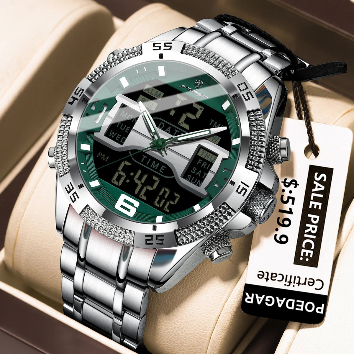 Poedagar E103 Men's Luxury Chronograph Digital Watch – Stainless Steel Band, Waterproof, Luminous, Date