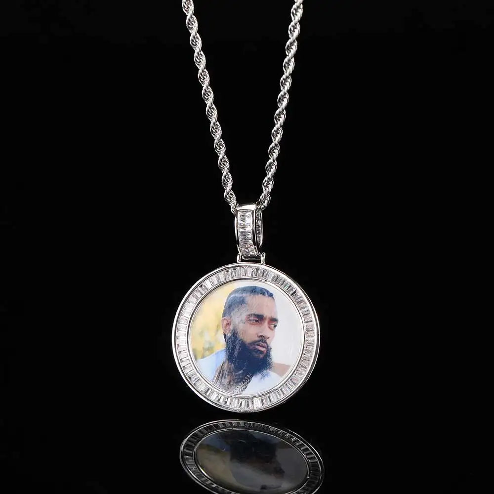 Hip Hop Jewelry CZ Custom Free Rope Chain round Picture Pendant Custom Baguette Diamond Photo Pendants