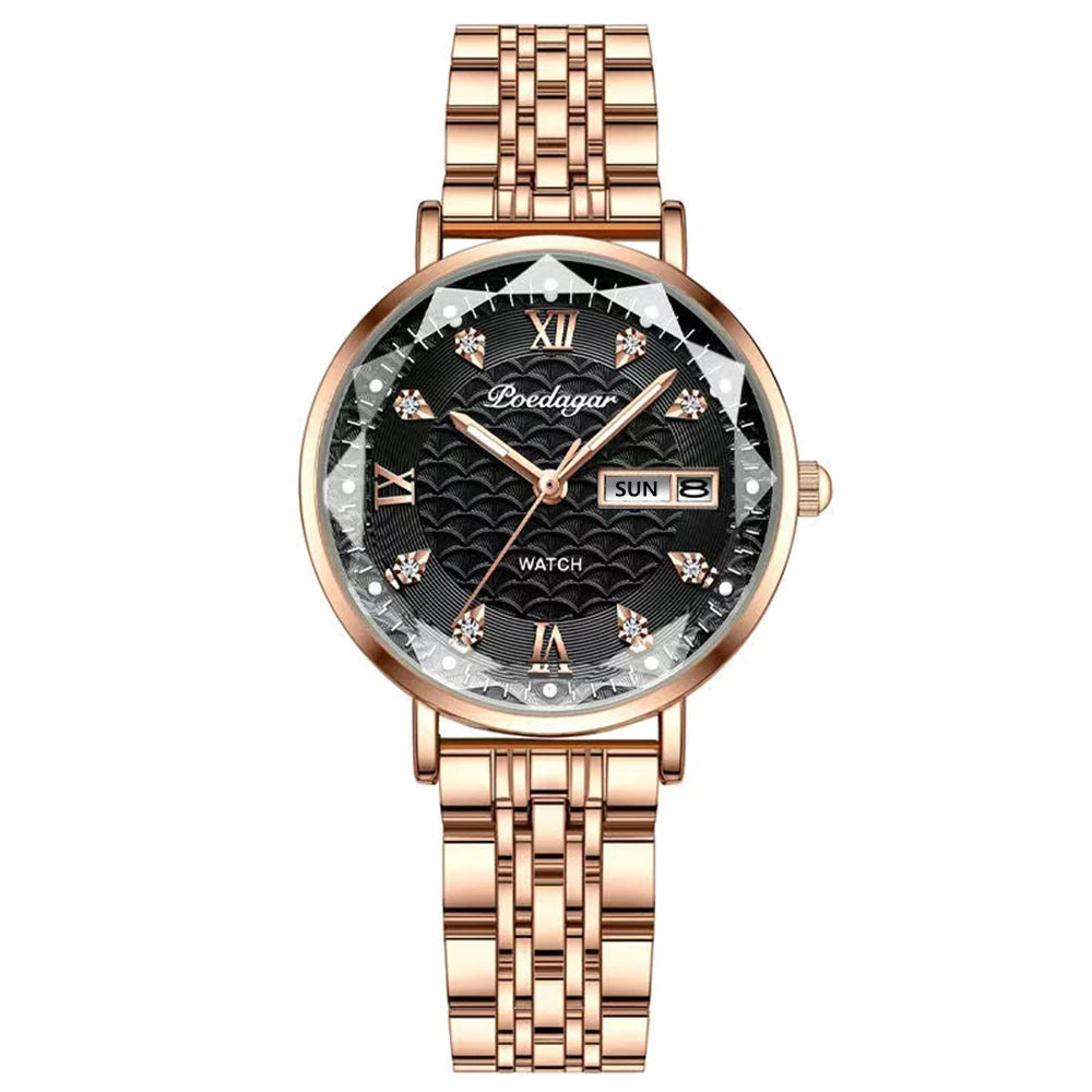 Poedagar 3011 Women's Luxury Quartz Watch – Stainless Steel Band, Waterproof, Luminous, Date