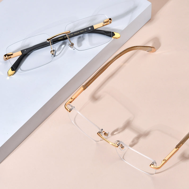 Rimless Square Buffalo Horn Optical Glasses Frame - MCROONS - angle view