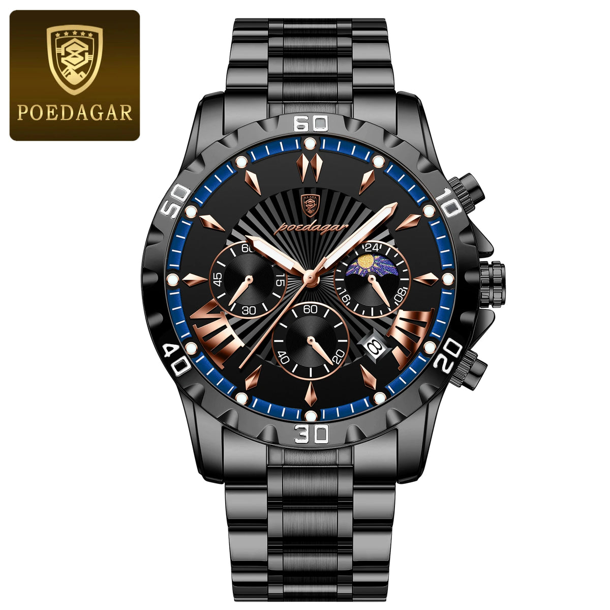 Poedagar 968 Men's Luxury Chronograph Quartz Watch – Stainless Steel Band, Waterproof, Luminous, Date