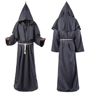 Black hooded monk robe costume by Mcroons featuring a long, flowing fabric with a hood and belt for a medieval or fantasy look.