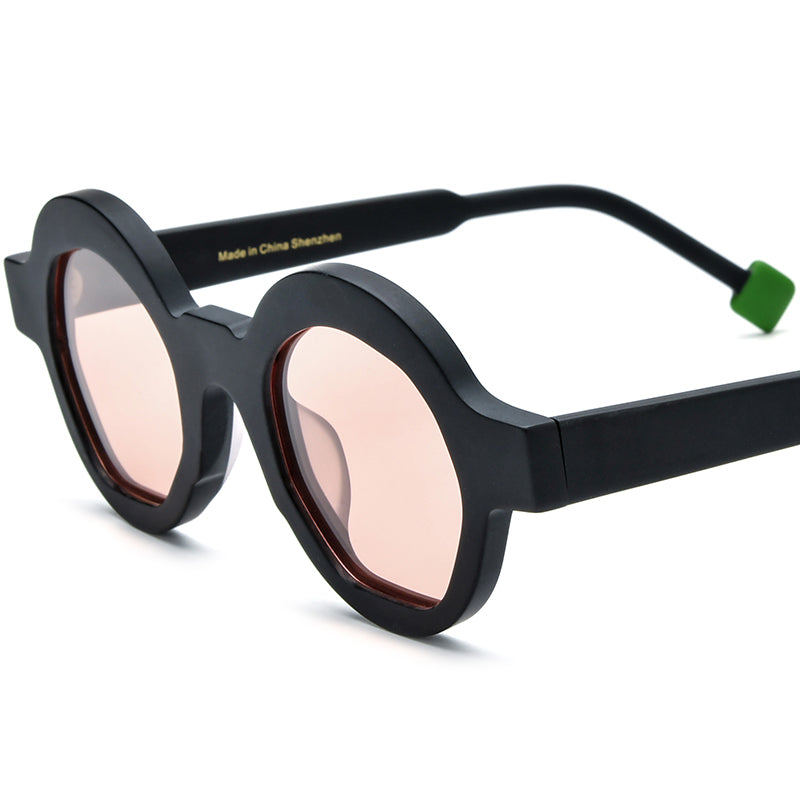 Retro Polarized Round Sunglasses - Matte Black Pink Lens - MCROONS