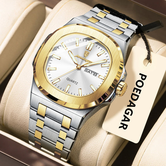 Poedagar 853 Men's Luxury Quartz Watch – Stainless Steel Band, Waterproof, Luminous, Date