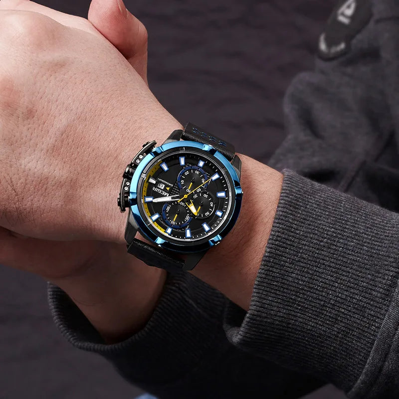 Megir Multifunctional Rolling Calendar Luminous Timing Racing Dashboard Men Fashionable Quartz Watch Cool Passionate
