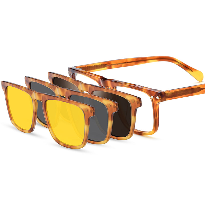 Square Acetate Optical Glasses Frame with Magnetic Clip-On Lenses - Leopard - MCROONS