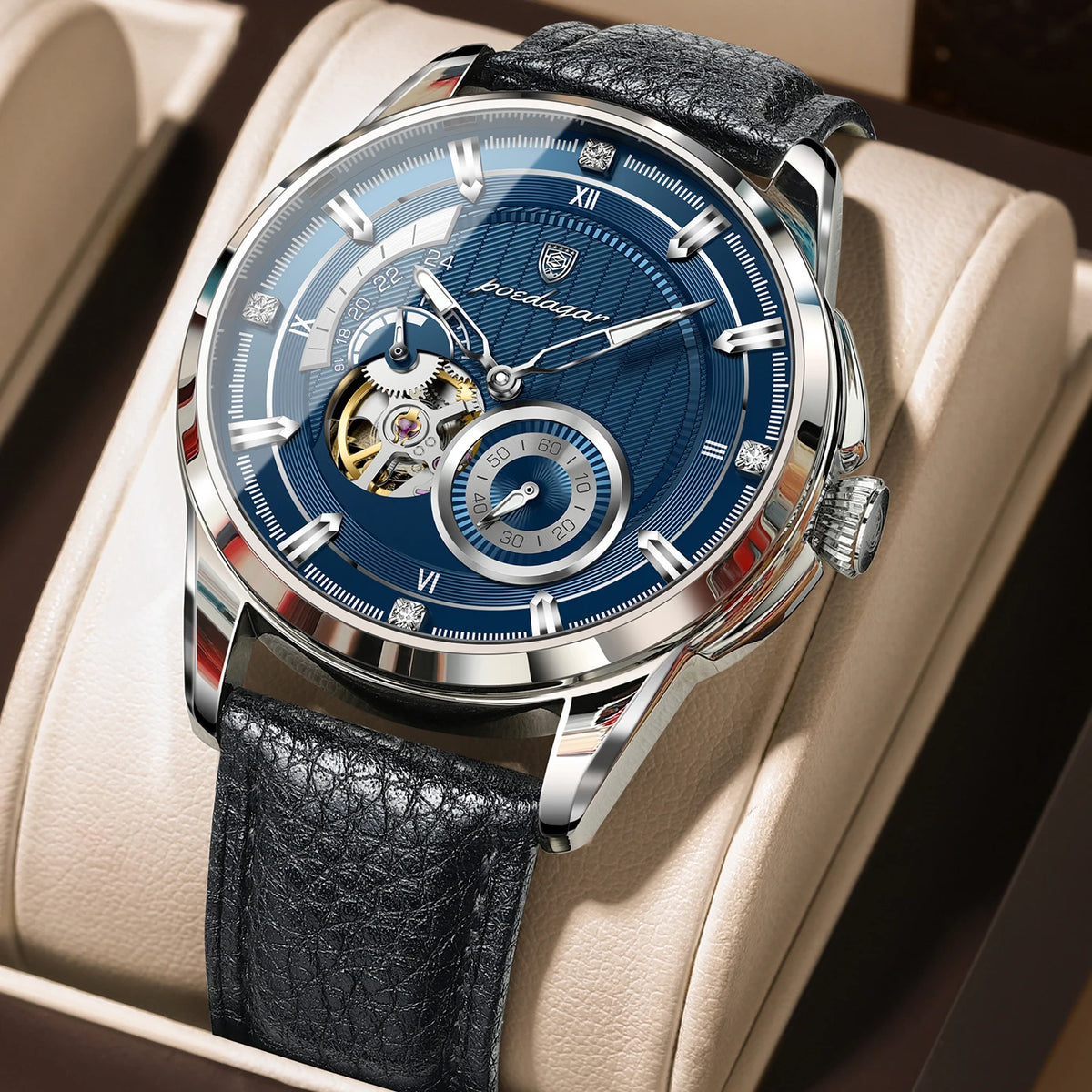 Poedagar 1427 Men's Luxury Automatic Mechanical Watch – Leather Strap, Waterproof, Luminous, Date