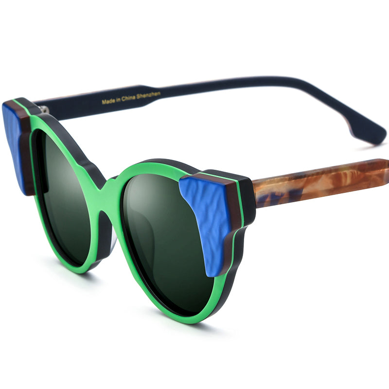 Matte Acetate Cat Eye Sunglasses Polarized Retro - Green Black/Dark Green Lens - MCROONS