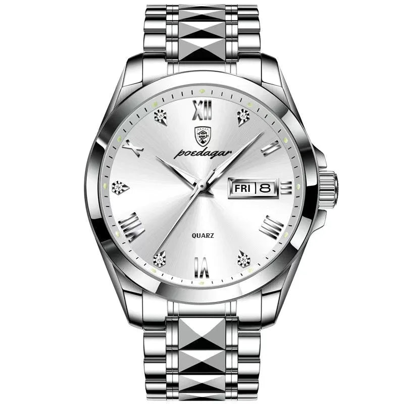 Poedagar 985 Men's Luxury Quartz Watch – Stainless Steel Band, Waterproof, Luminous, Date
