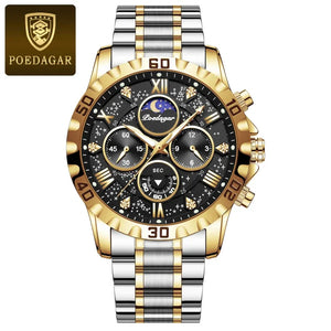 Poedagar 973 Men's Luxury Chronograph Quartz Watch – Stainless Steel Band, Waterproof, Luminous