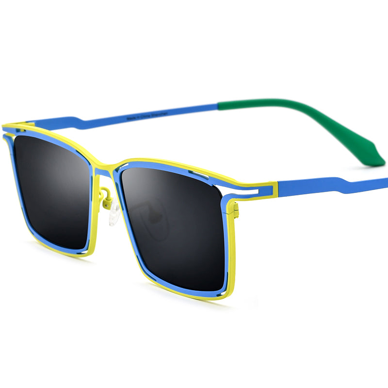 Colourful Titanium Square Polarised Sunglasses Retro - MCROONS - Yellow Blue Frame Gray Lens