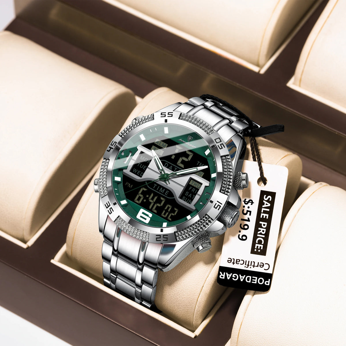 Poedagar E103 Men's Luxury Chronograph Digital Watch – Stainless Steel Band, Waterproof, Luminous, Date