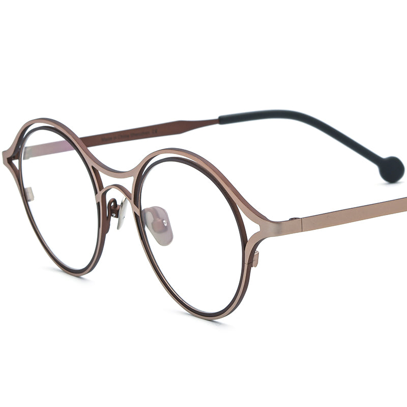 Titanium Round Optical Glasses Frame Vintage Retro - Gold Brown - MCROONS